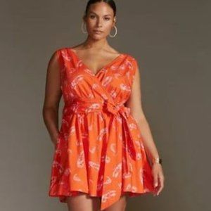 NWT Anthropologie Flirty Wrap Mini Dress MP $160 Orange Pink Lobster Pattern
